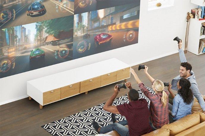 A projector displaying in a living room
