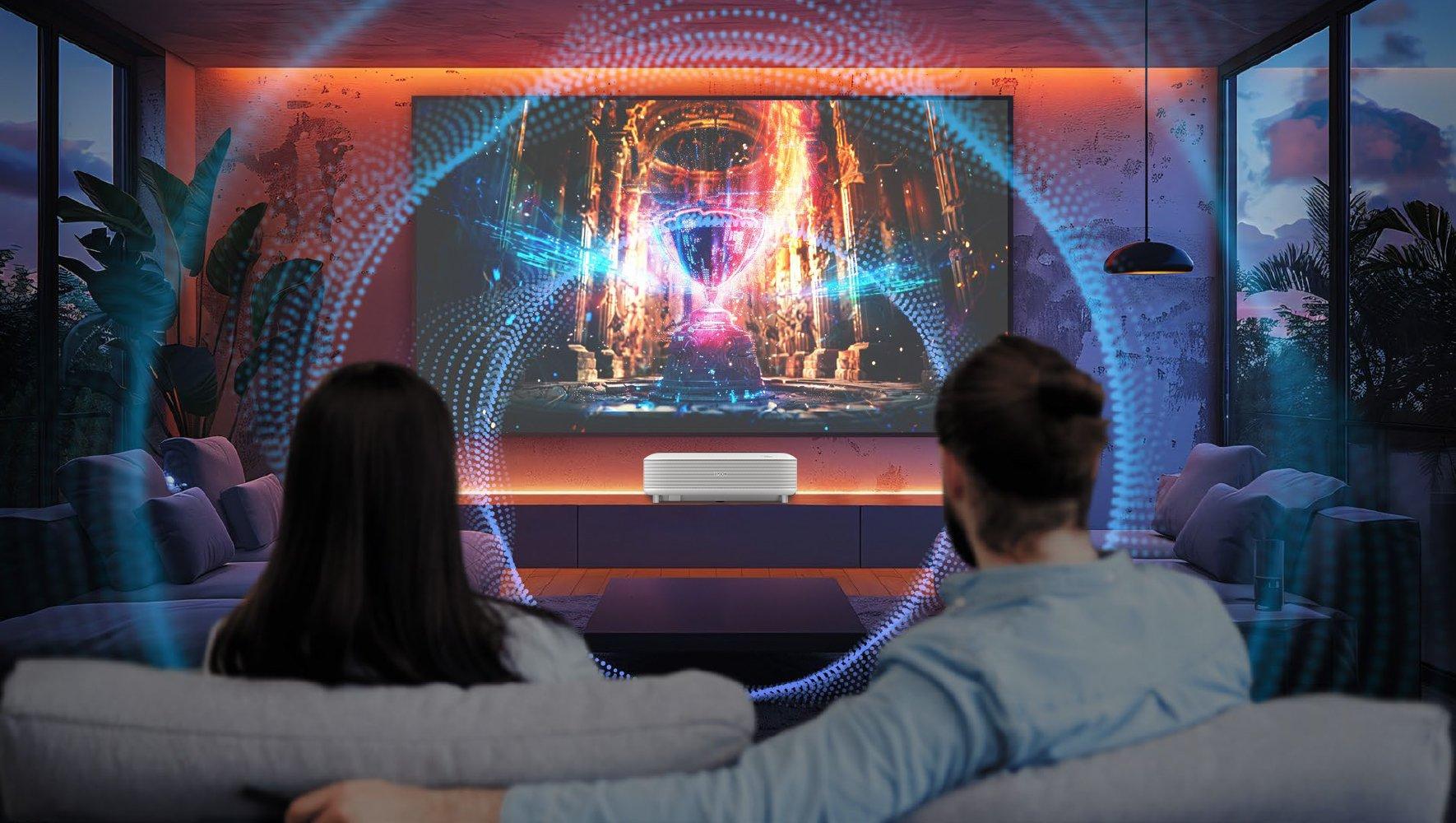 A couple watching a movie together on a projector screen