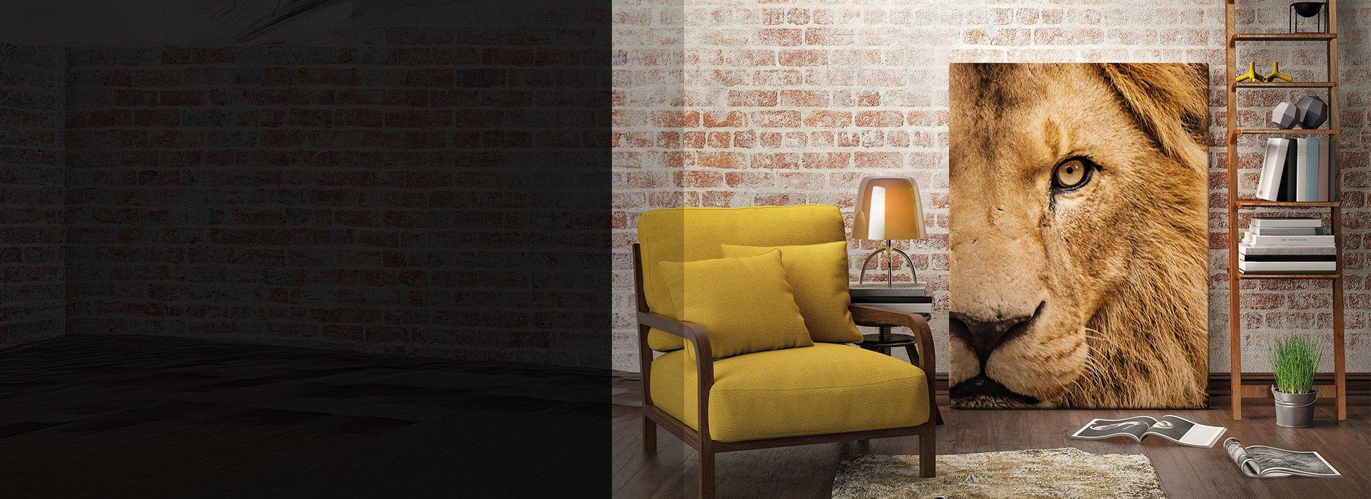 Living room interior with an image of a lion.