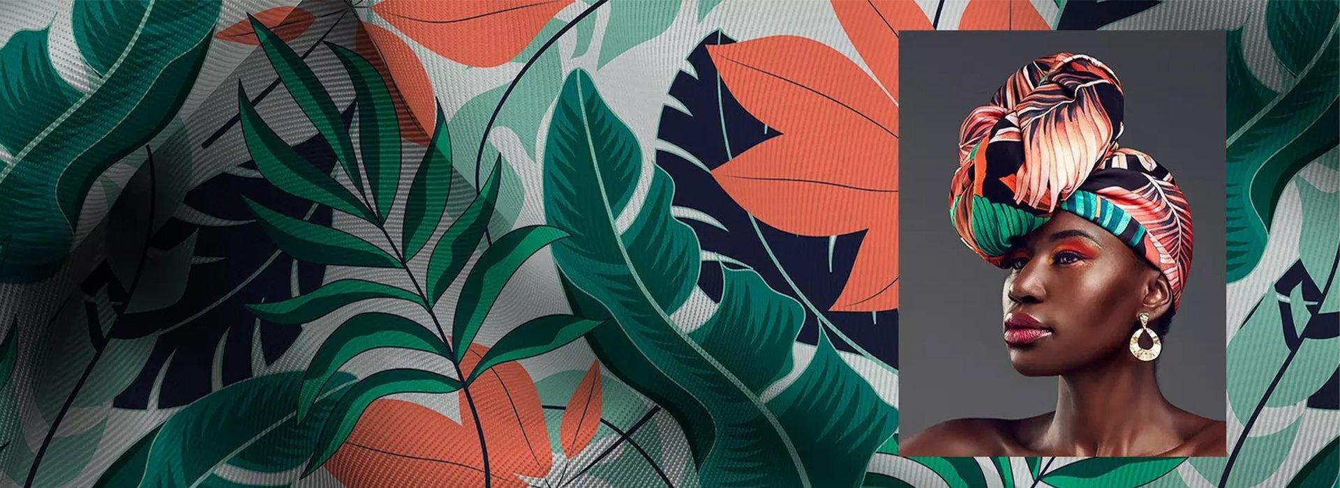 Illustrated a fabric with leaves pattern and a woman