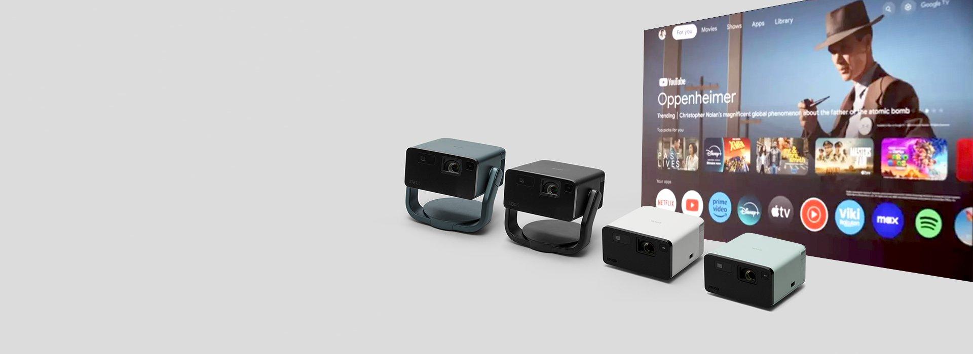four projectors displayed with a background of a video entertainment streaming platform