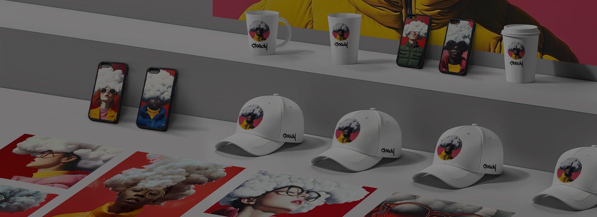 Cups, smartphone covers, hats and prints showing people with their heads in clouds