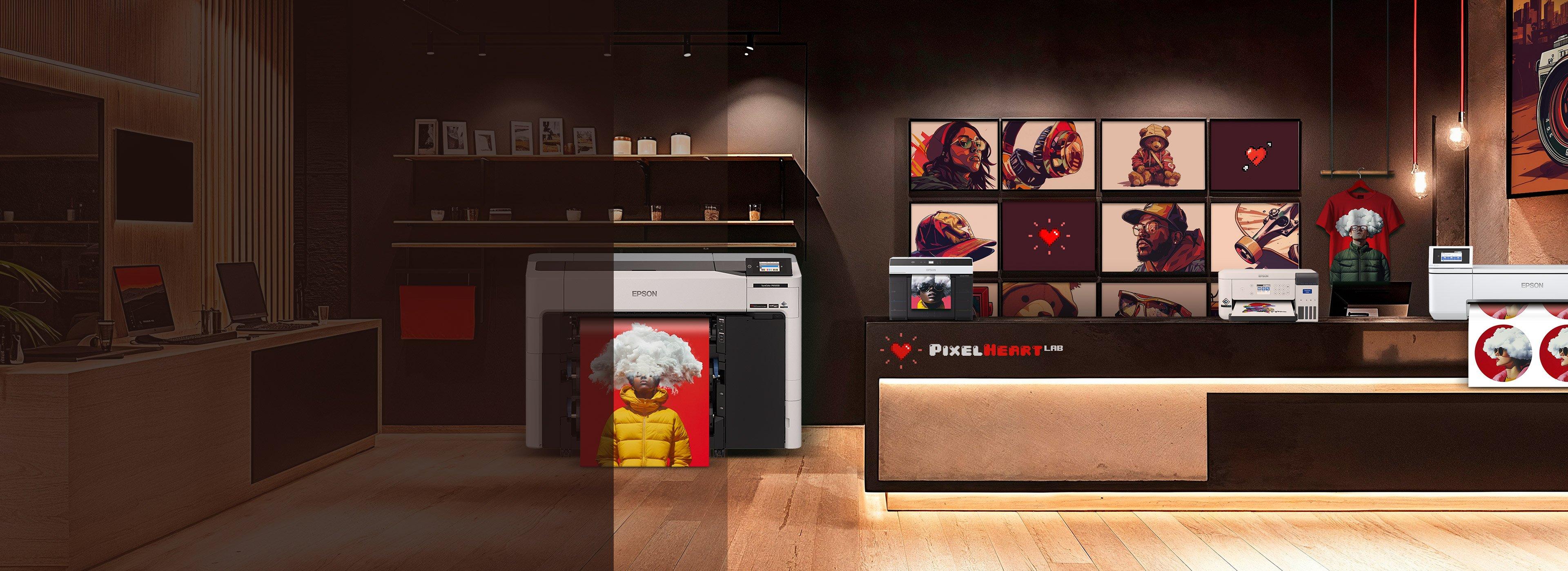 A big room with printers and prints