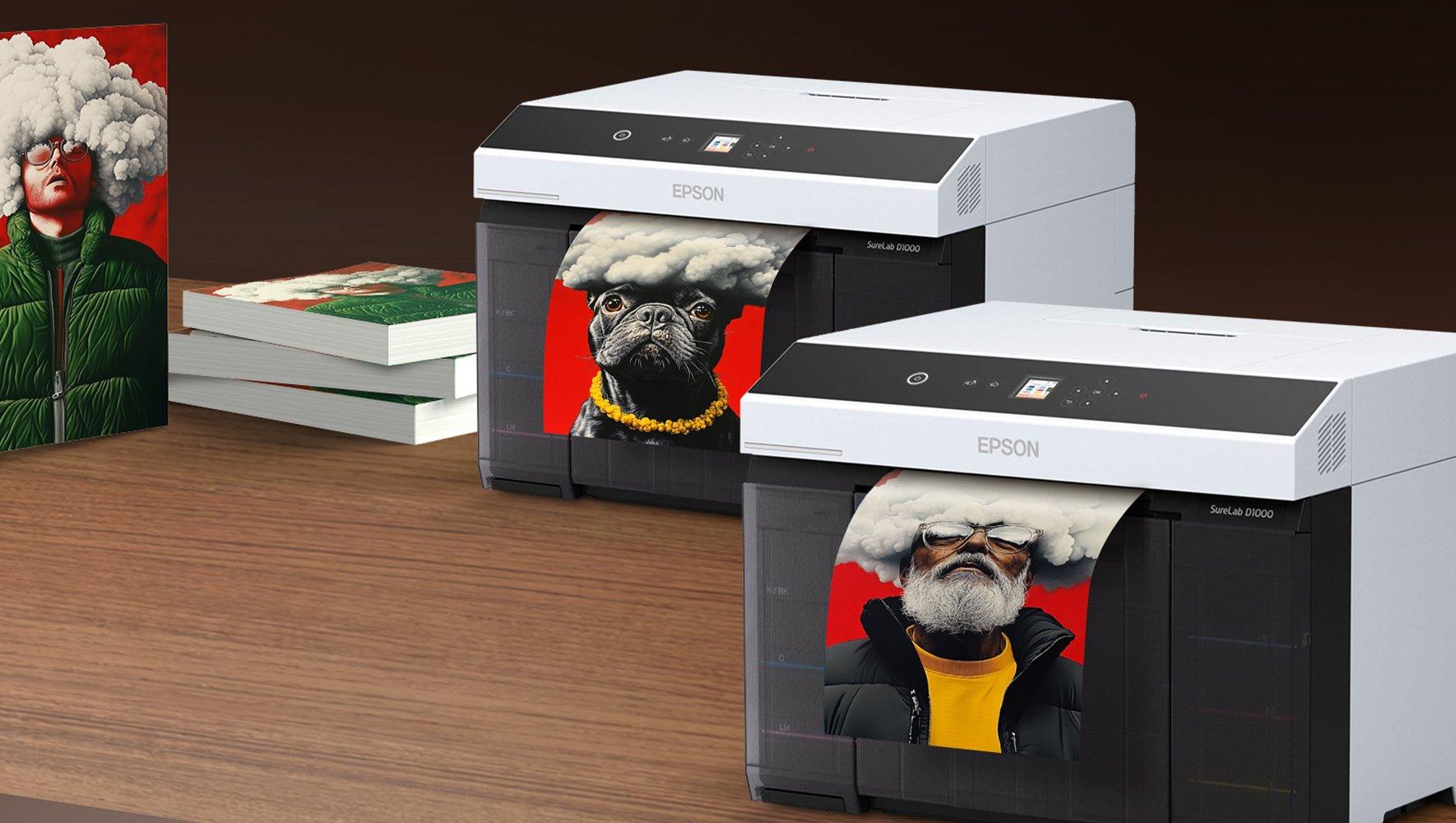 Two Epson printers and pictures of people and a dog with their heads in a cloud