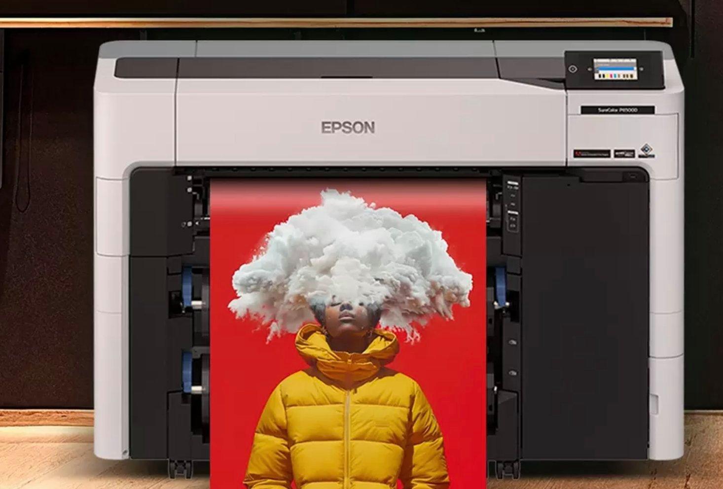 An Epson printers and pictures of people with their heads in a cloud