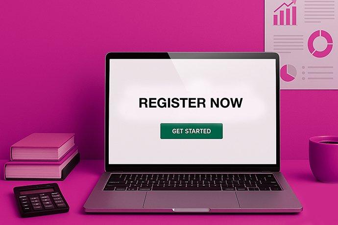 Register now Laptop on Pink Background