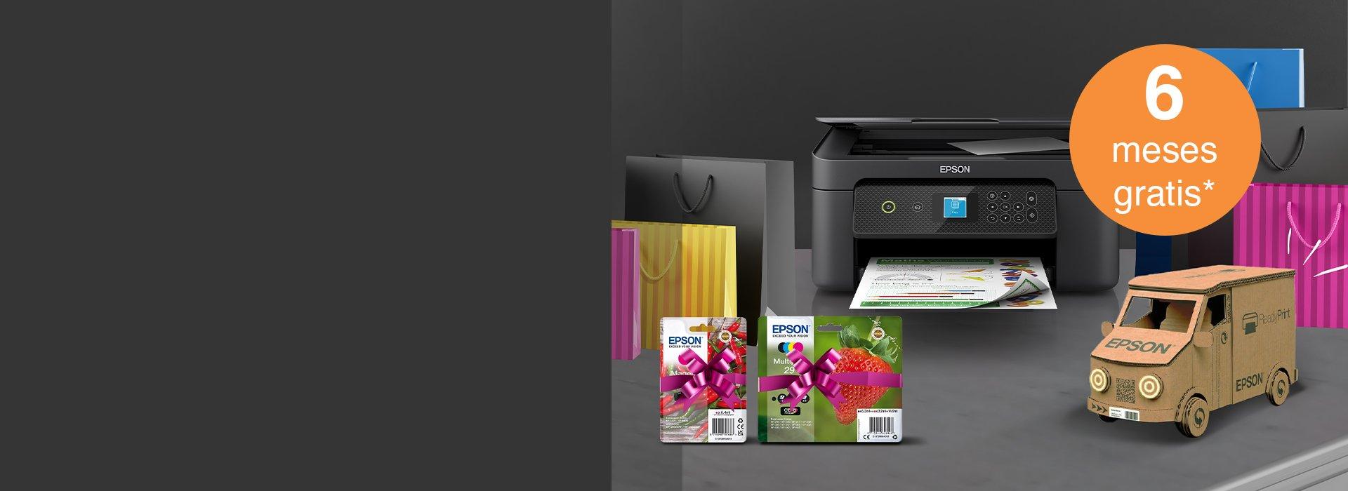 An Epson printer with ink cartridges amid colourful paper bags and a paper truck 
