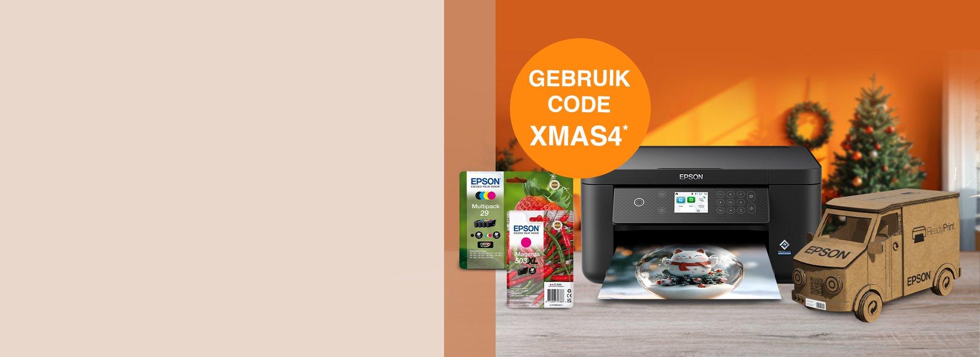 An Epson printer with cartridge inks, a cardboard truck with the Epson logo, against an orange background with a wreath and Christmas tree