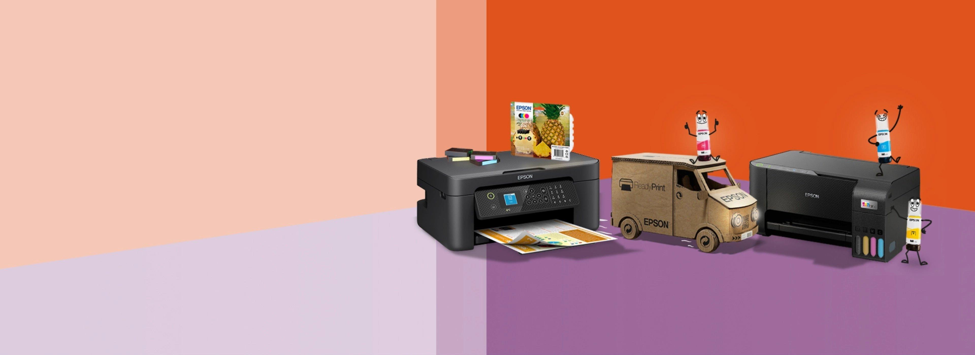 Two Epson printers on a colourful background