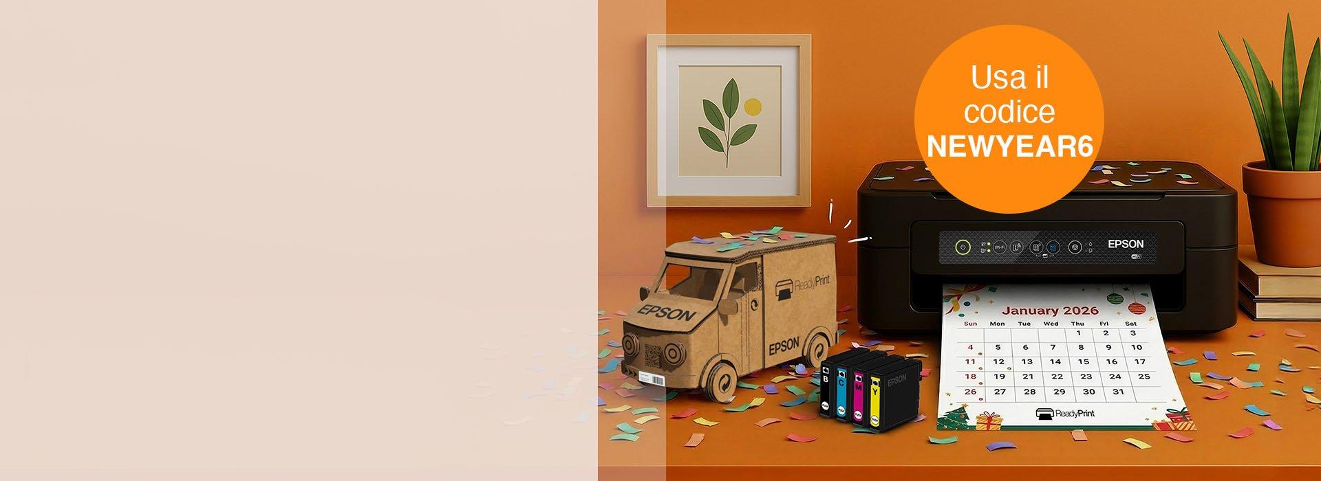 An Epson printer with a January 2026 calendar sheet next to a plant on the right and an Epson cardboard truck on the left, with Epson cartridges in the front and scattered confetti all around.
