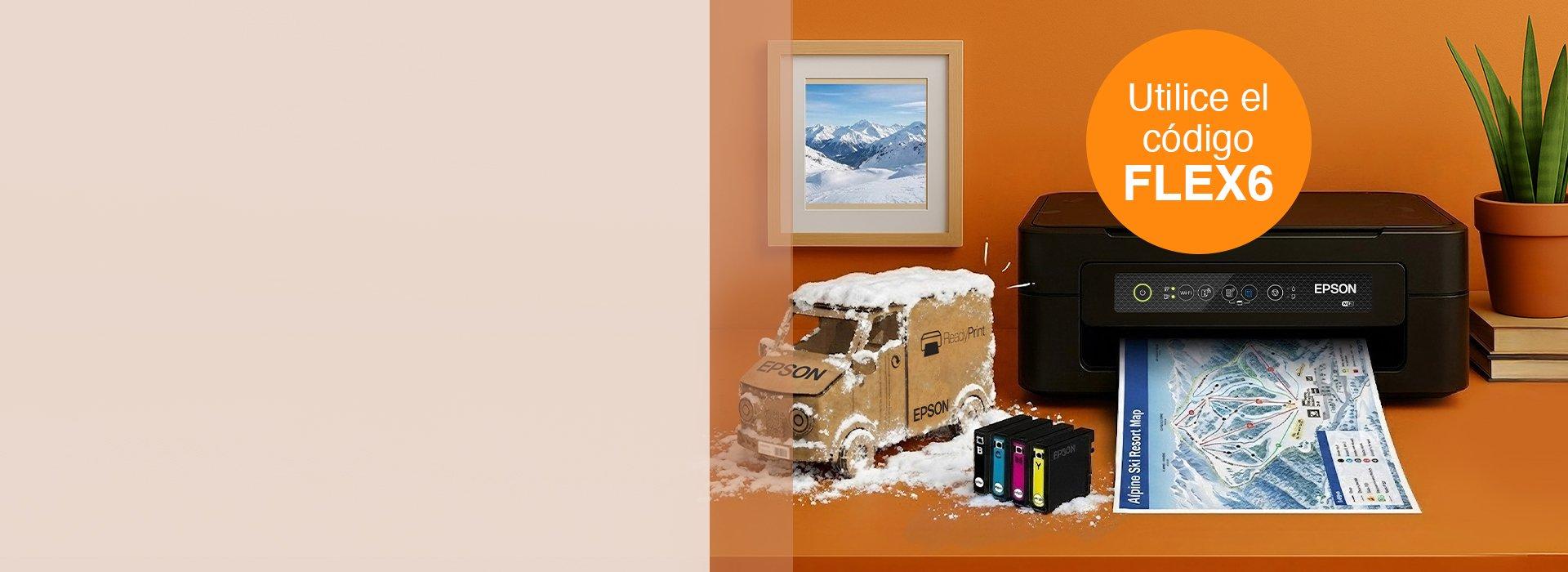 An Epson printer with an Alpine Ski Resort Map next to a plant on the right and an Epson cardboard truck on the left covered in snow, with Epson cartridges in the front.
