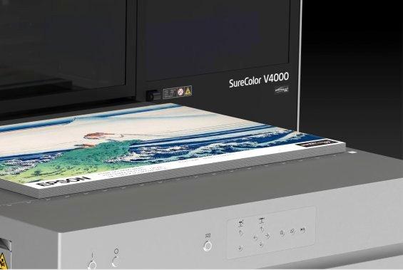 Close-up of an Epson SureColor V4000 printer producing a vibrant, colourful print
