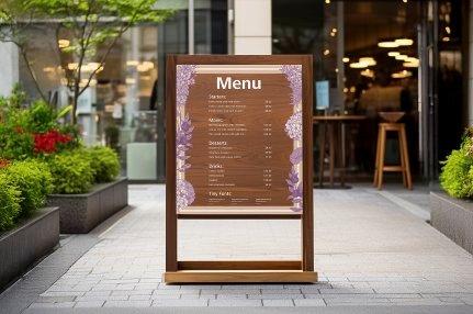 Outdoor restaurant menu on a wooden stand with floral designs, set in a paved walkway.