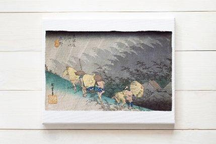 A Japanese woodblock print depicts travellers wearing traditional straw coats in heavy rain