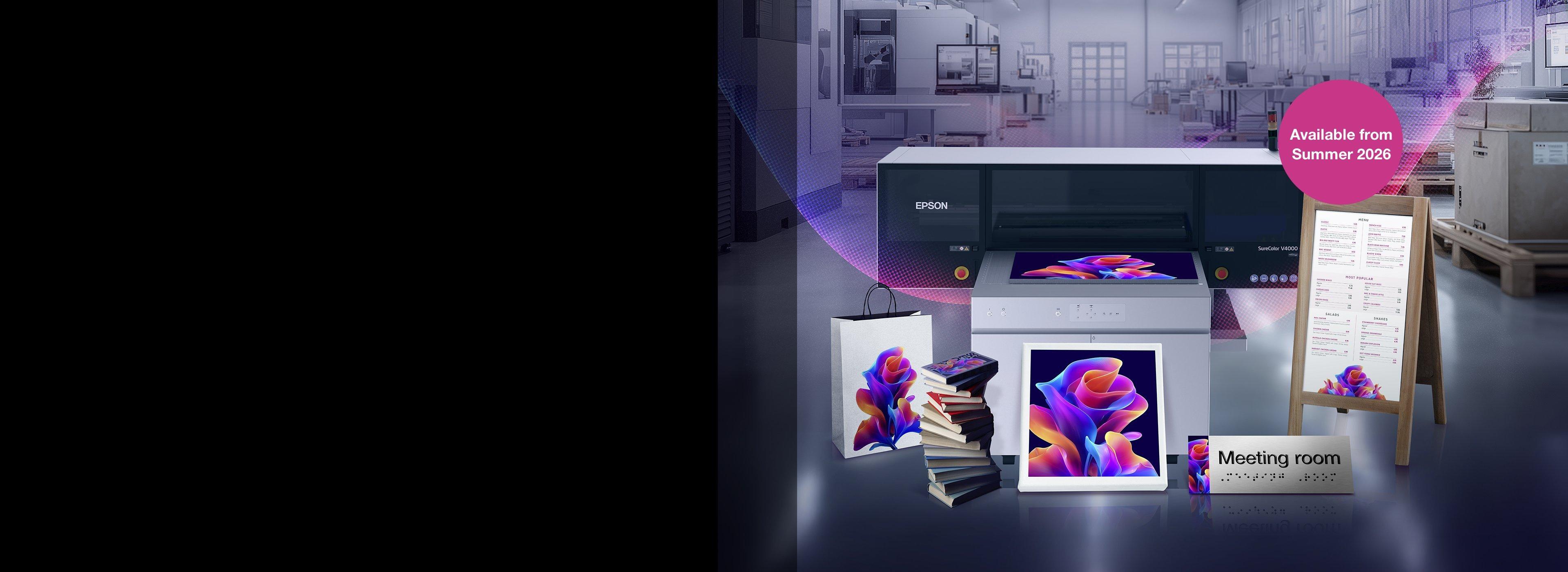 A high-tech printer in a modern, well-lit workshop prints vibrant images. 