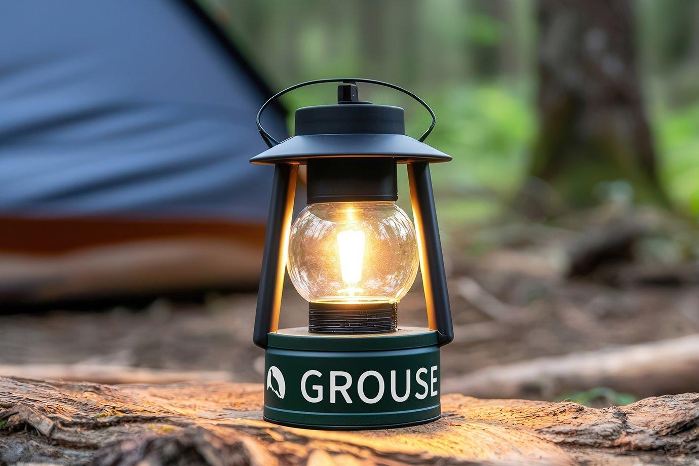 A vintage-style lantern with the word "GROUSE" glows warmly on a log.