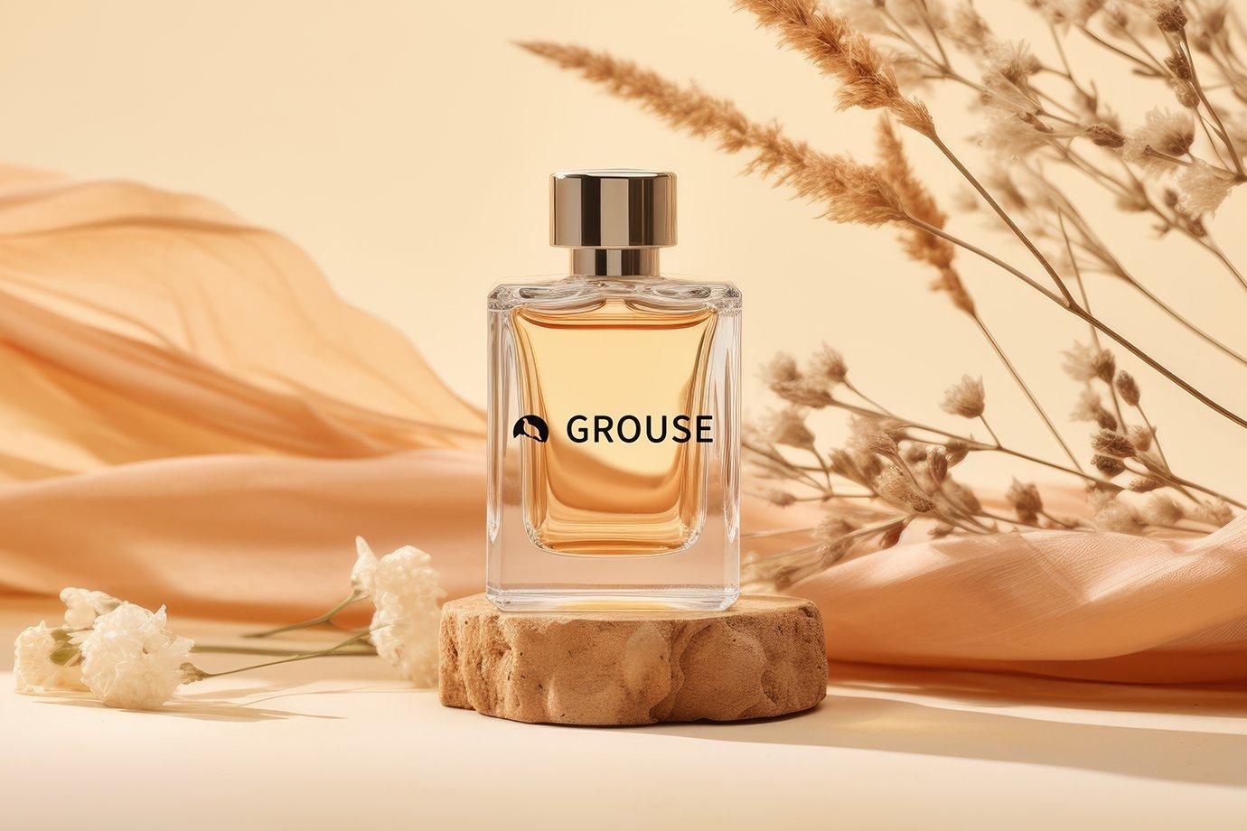 Perfume bottle labeled “Grouse” on a cork stand, surrounded by delicate white flowers.