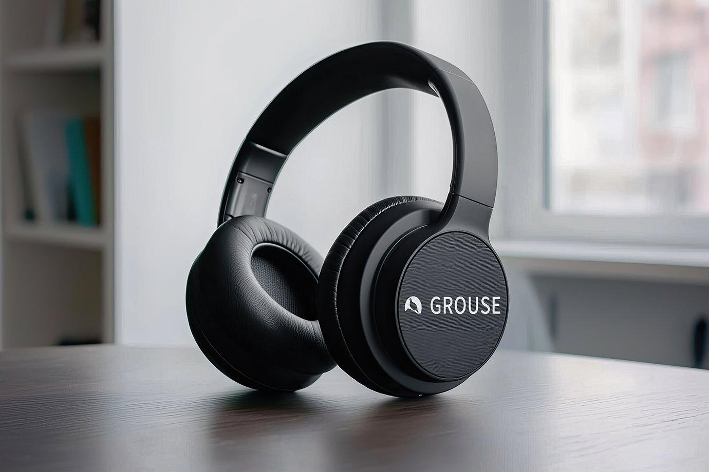 Black over-ear headphones labeled "GROUSE" rest on a wooden table near a window.