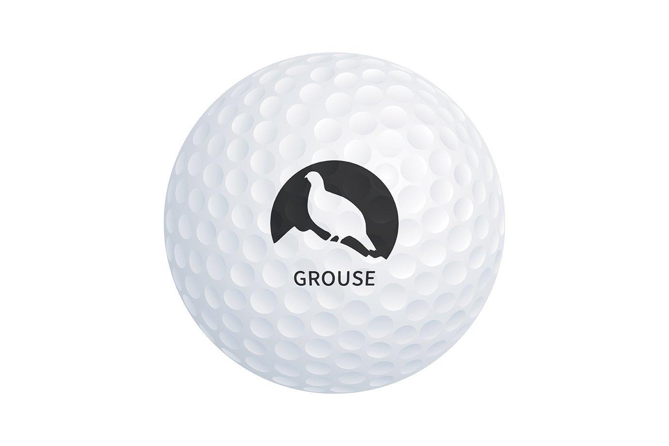 A white golf ball features a black logo of a grouse bird silhouette above the word "GROUSE".