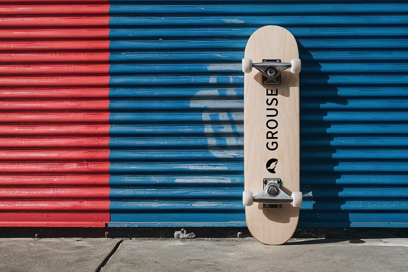 A skateboard with "GROUSE" text leans against a corrugated metal wall painted in red and blue.