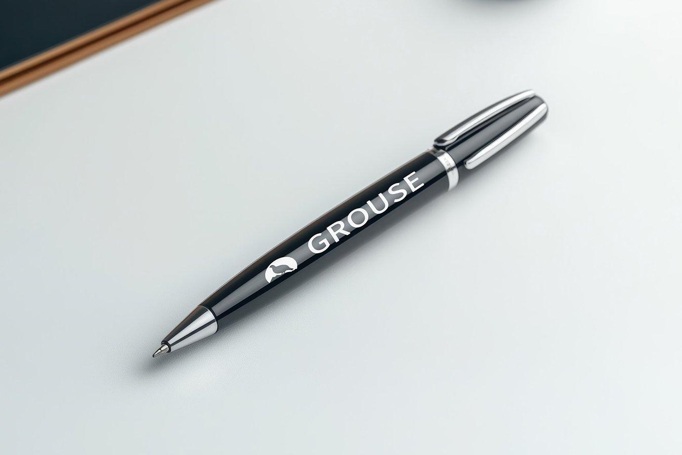 A sleek black pen with silver accents, branded "GROUSE" in white letters.