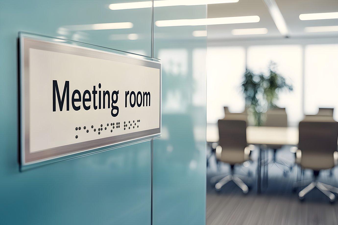 Frosted glass door with "Meeting room" sign in English and Braille.