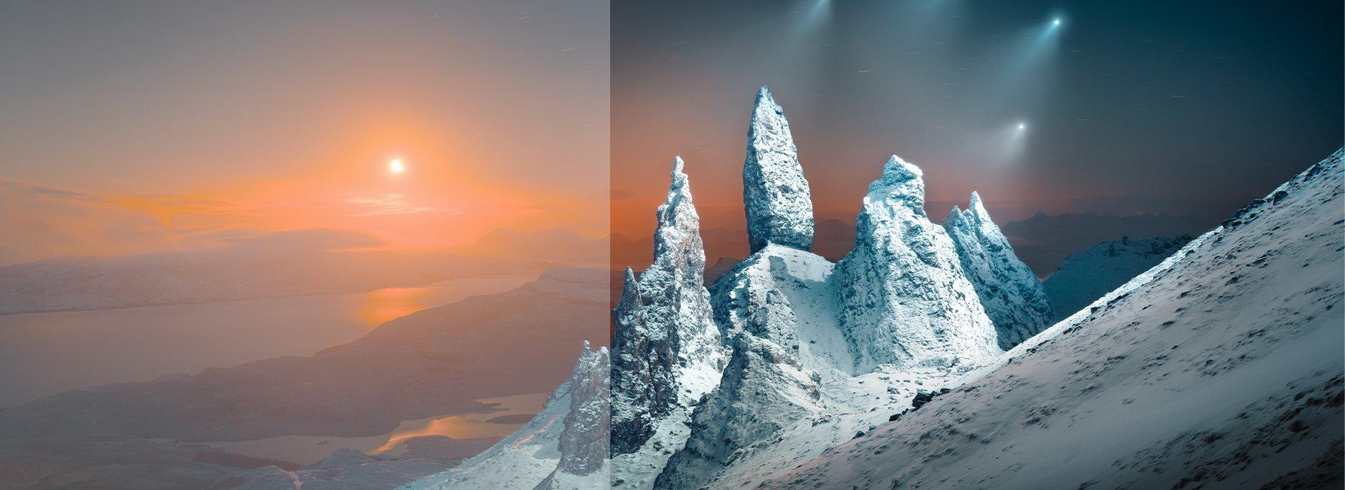 Una ripresa panoramica di montagne ghiacciate con il sole che tramonta sullo sfondo