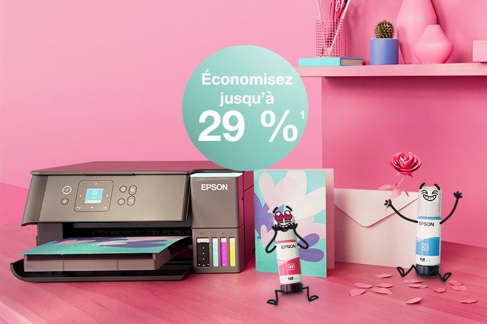 An Epson Printer with Inkies and postcards, a letter against a pink wall and a shelf with books and office materials in different colours.