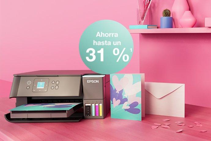 An Epson Printer with Inkies and postcards, a letter against a pink wall and a shelf with books and office materials in different colours.