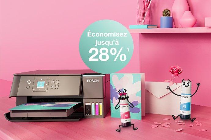 An Epson Printer with Inkies and postcards, a letter against a pink wall and a shelf with books and office materials in different colours.