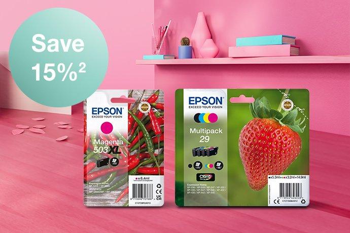 2 EcoTank Ink Cartridges lined up against a pink desk and shelf, with paper hearts on the desk.