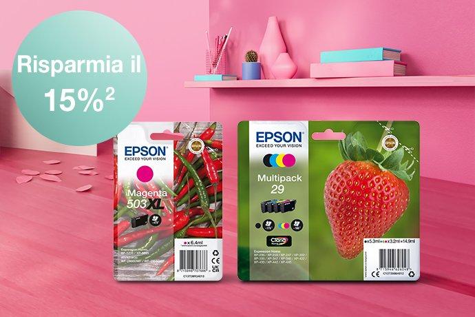 2 EcoTank Ink Cartridges lined up against a pink desk and shelf, with paper hearts on the desk.