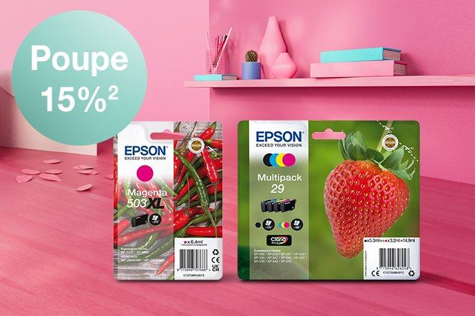 2 EcoTank Ink Cartridges lined up against a pink desk and shelf, with paper hearts on the desk.