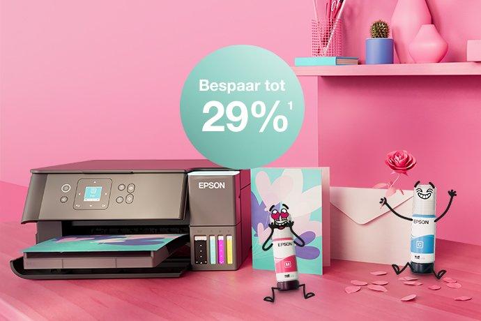 An Epson Printer with Inkies and postcards, a letter against a pink wall and a shelf with books and office materials in different colours.