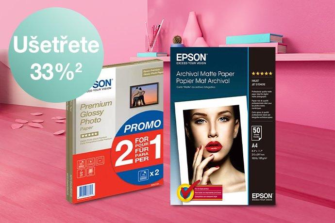 2 Epson Paper Packs lined up against a pink desk and shelf, with paper hearts on the desk.