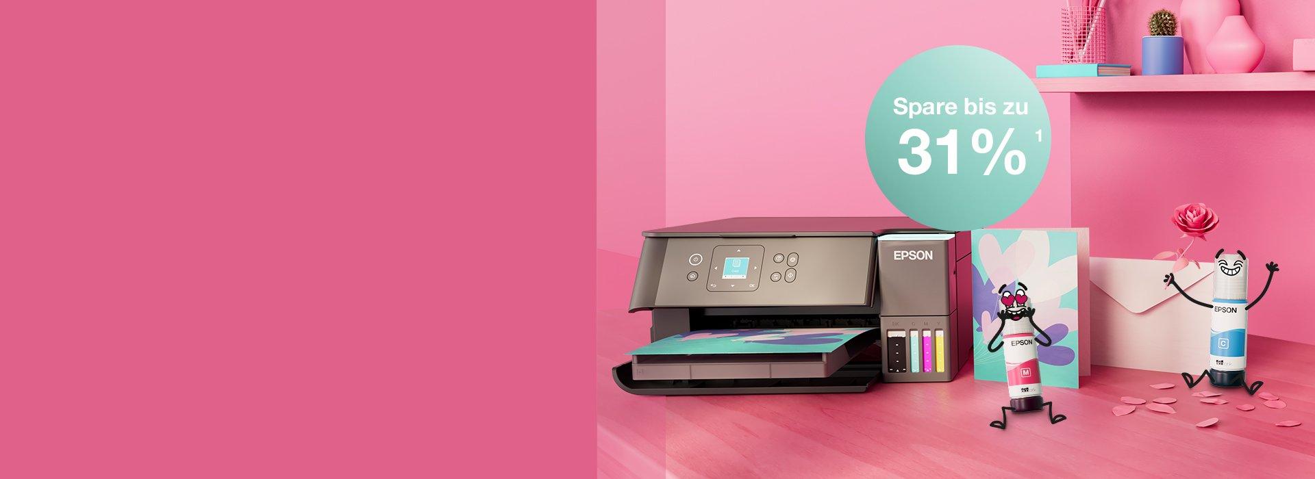 An Epson Printer with Inkies and postcards, a letter against a pink wall and a shelf with books and office materials in different colours.