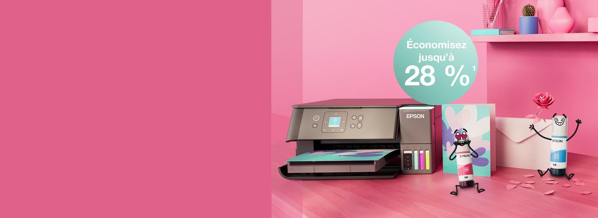 An Epson Printer with Inkies and postcards, a letter against a pink wall and a shelf with books and office materials in different colours.