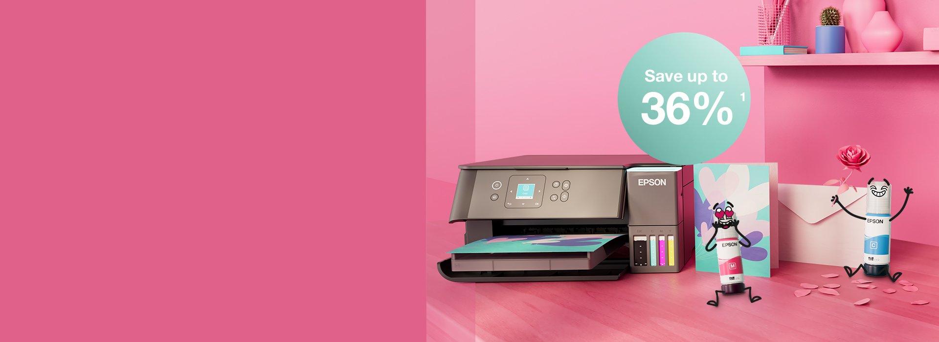 An Epson Printer with Inkies and postcards, a letter against a pink wall and a shelf with books and office materials in different colours.