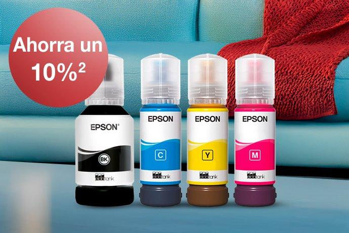 Four Epson EcoTank Ink bottles in different colours with a blue couch and red blanket in the background