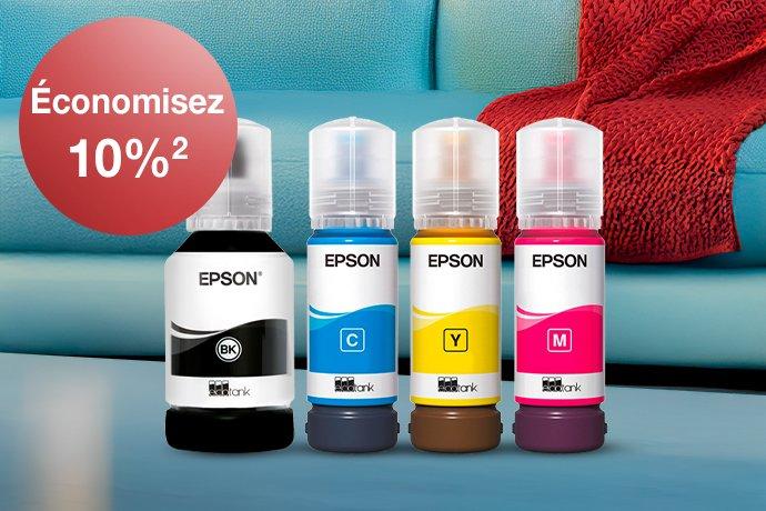Four Epson EcoTank Ink bottles in different colours with a blue couch and red blanket in the background
