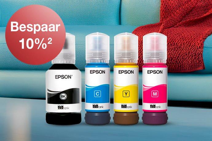 Four Epson EcoTank Ink bottles in different colours with a blue couch and red blanket in the background