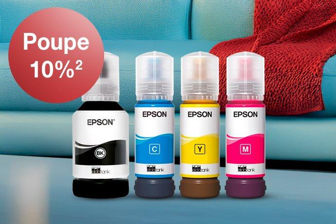 Four Epson EcoTank Ink bottles in different colours with a blue couch and red blanket in the background