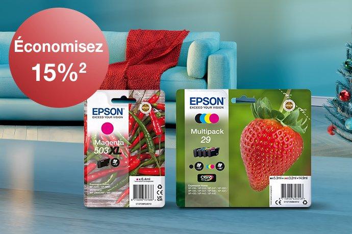 Epson Ink cartridges in different colours with a blue couch and red blanket in the background