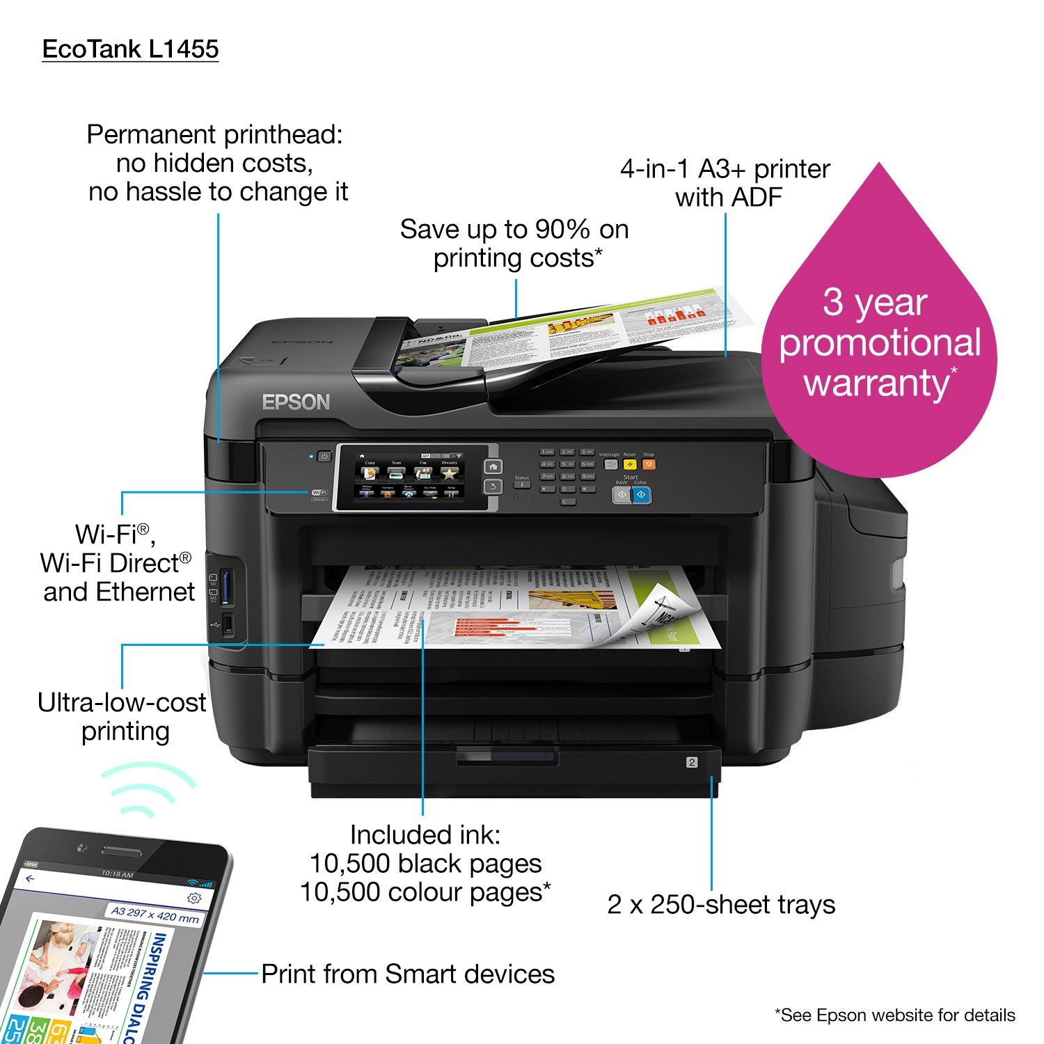 Impresora A3 Multifuncional Epson Sistema Continuo EcoTank L1455 Duplex  Inalámbrica (326811) – Improstock