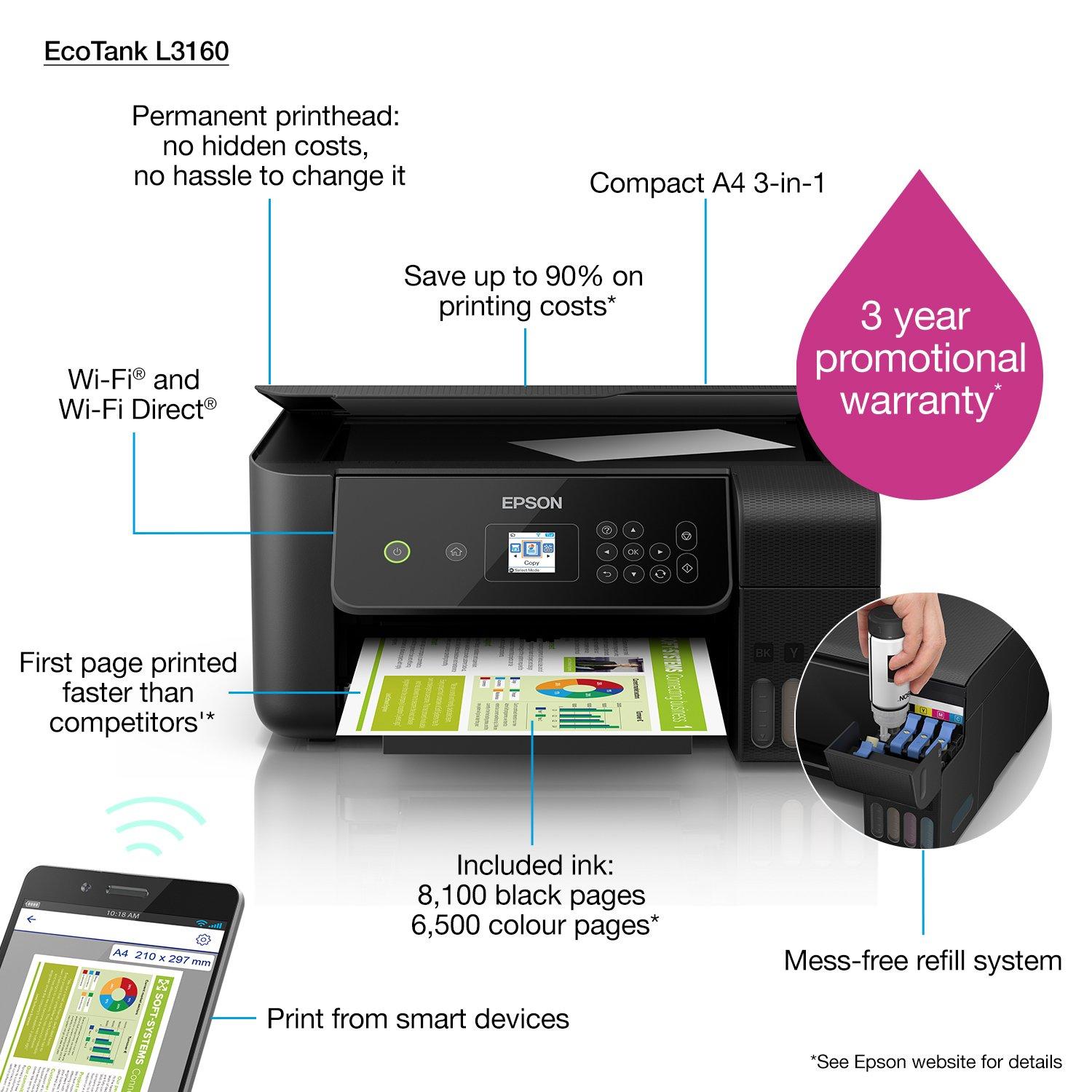 Acheter Epson EcoTank L3160 Imprimante Multifonction à Réservoirs  Rechargeables C11CH42404 - د.م. 2.199,00 - Maroc