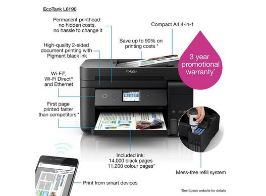 Epson EcoTank A4 Wi-Fi Duplex All-in-One Ink Tank Printer, 33ppm, 4800x1200 dpi Resolution, Large Ink Tanks L6190