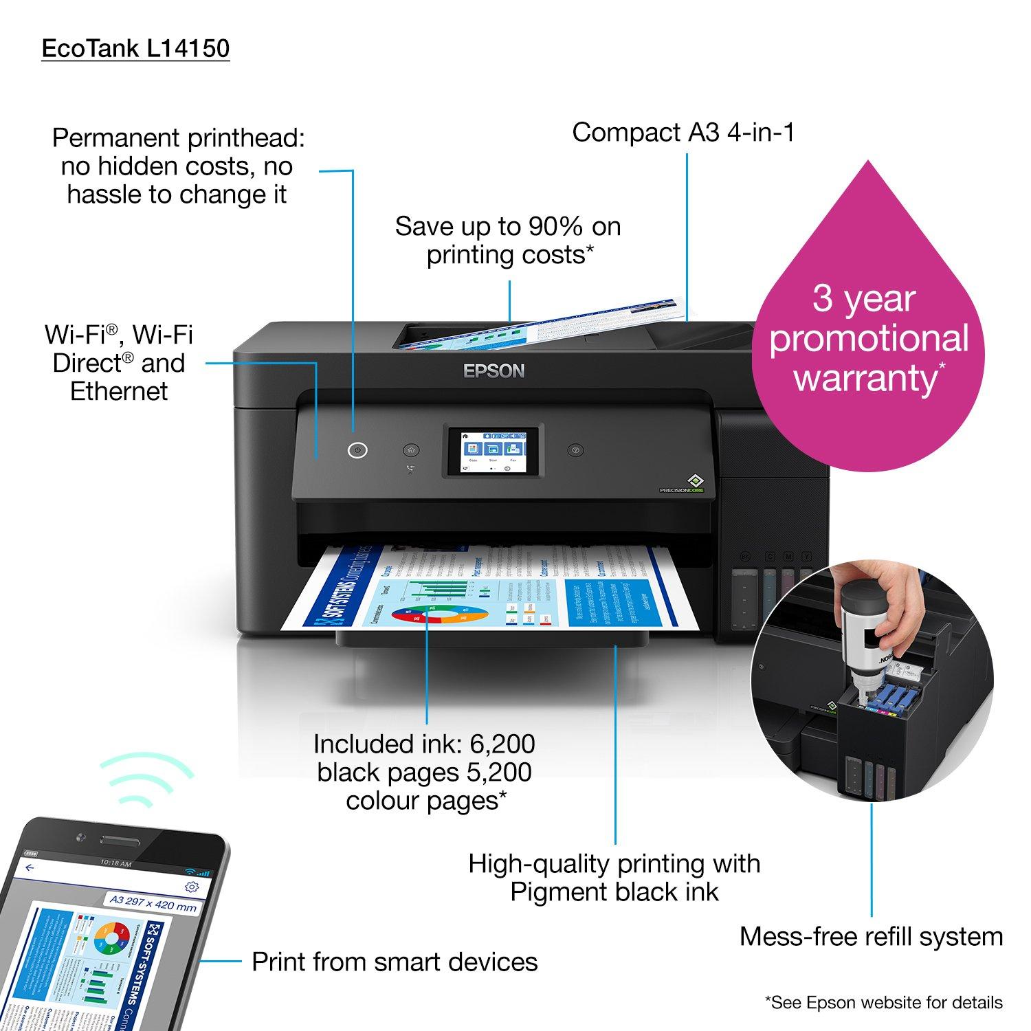 Epson EcoTank L14150 Imprimante A3+ multifonction à réservoirs  rechargeables (C11CH96403) à 5 205,83 MAD - linksolutions.