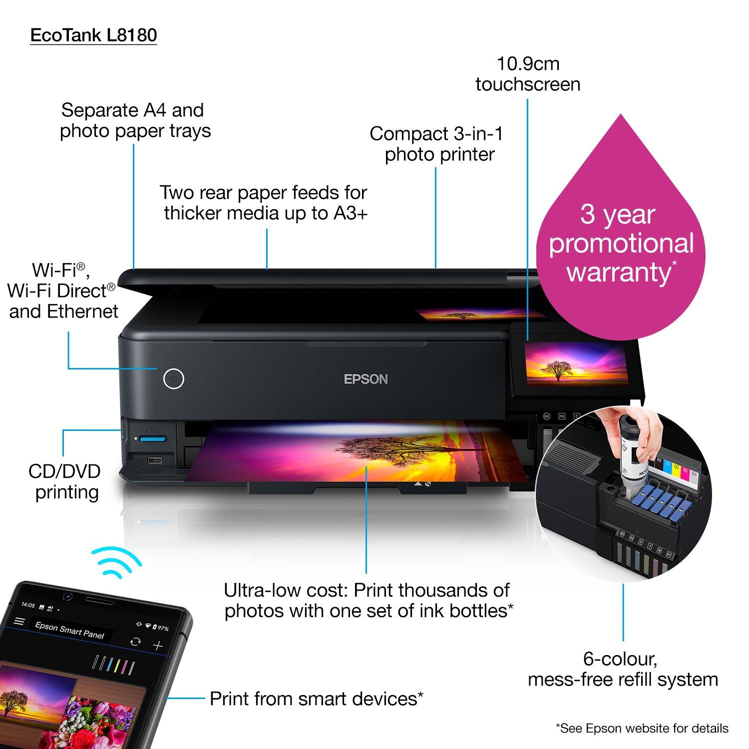 Impresora de Inyeccion de Tinta Epson Multifuncional Ecotank L8180 Color -  Digitalife eShop