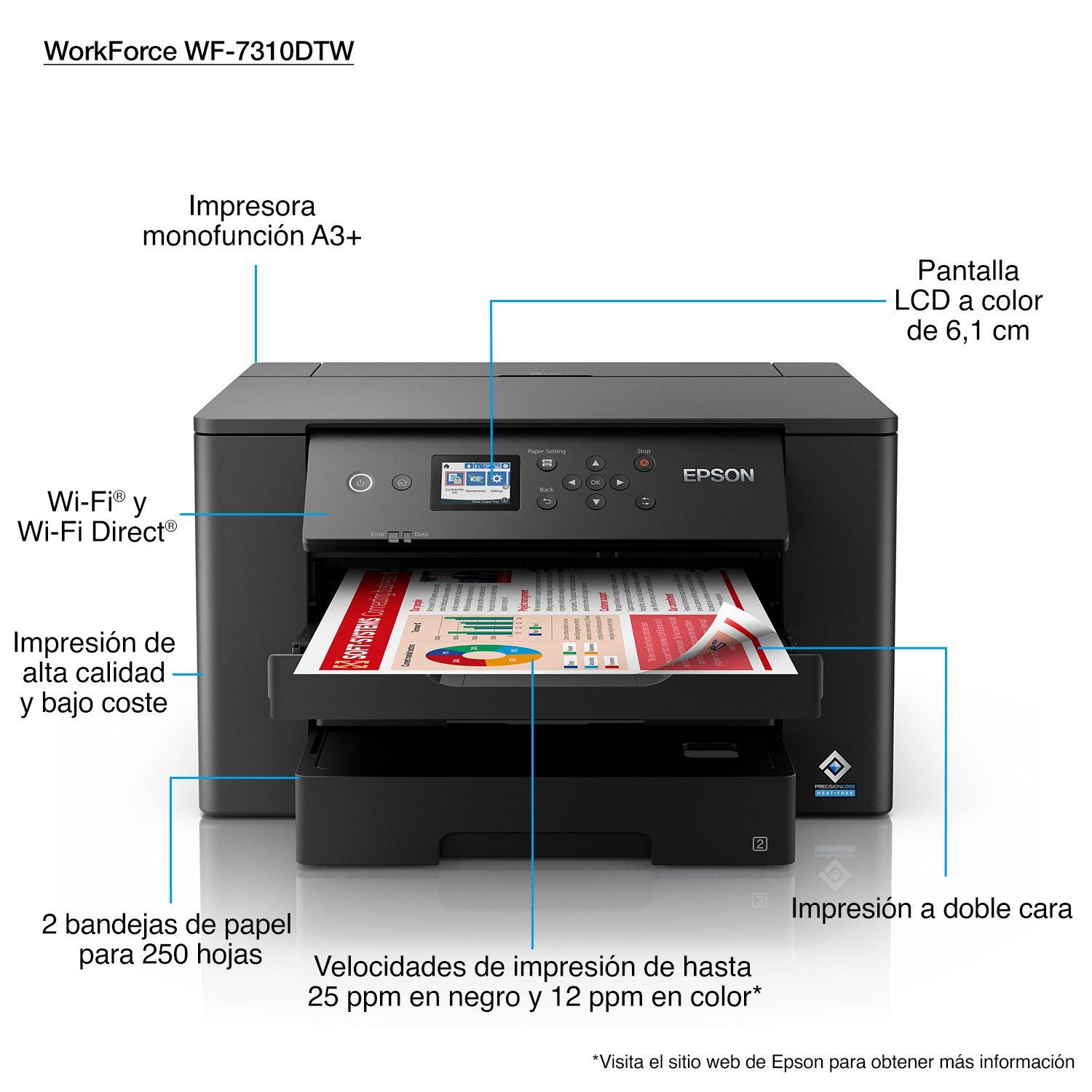 Epson Workforce WF-7310DTW, Impresora A3 WiFi con Impresión Doble Cara  Automática (Dúplex), Negro