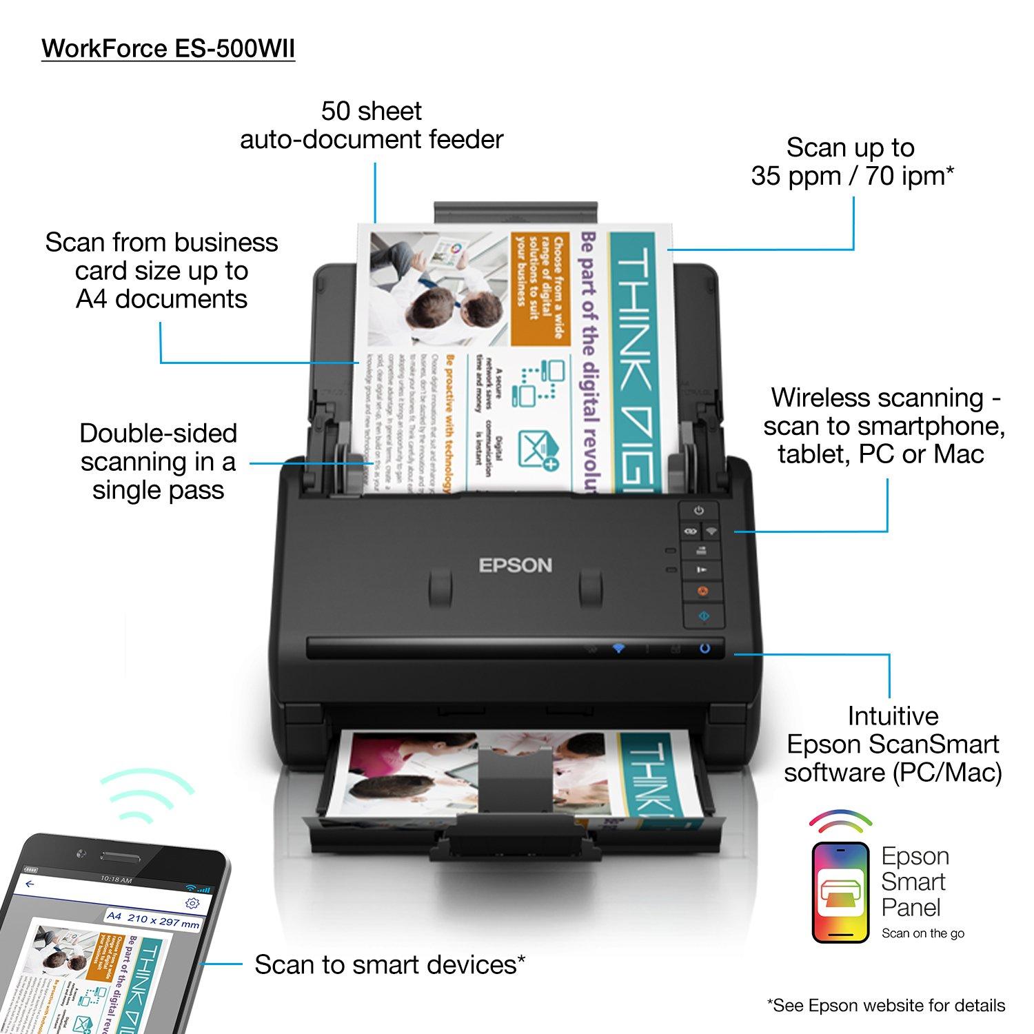 Epson ES-500W II Wireless Duplex Document Scanner (B11B263201)